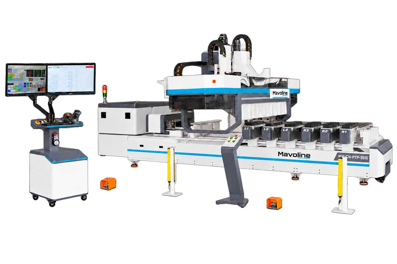 MV-CN-150 — Centro CNC PTP de 5 eixos. Imagem ilustrativa; configuração com suporte duplo do pórtico.